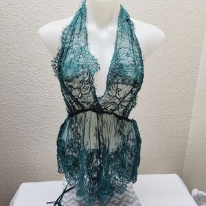 * Lace bodysuit large green colorway sheer floral lace halter neck tie